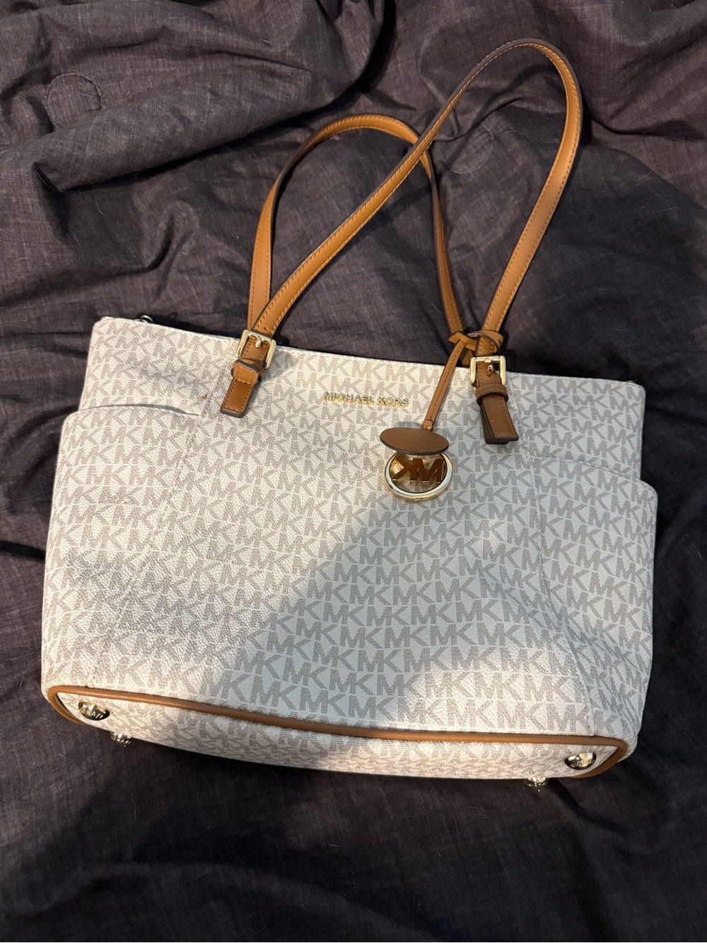 Michael Kors Cream MK Logo Tote with Tan Leather Trim